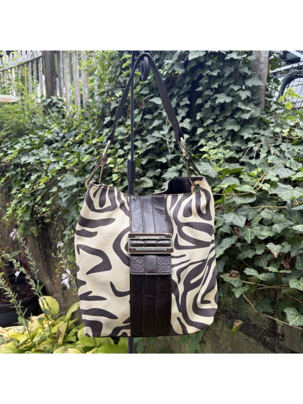 Nine West Zebra Print Hobo Shoulder Bag Faux Leather Brown Cream Y2K Pink Lining - Picture 16 of 16